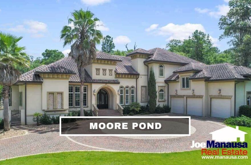 Moore Pond Tallahassee, FL Moore Pond is a Northeast Tallahassee luxury home neighborhood containing roughly 50 large homes on small acreage parcels built around Moore Pond.