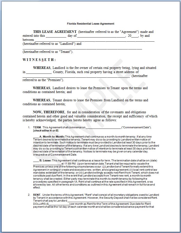 Florida Residential Lease Agreement - Can Be Used During A Lease Purchase