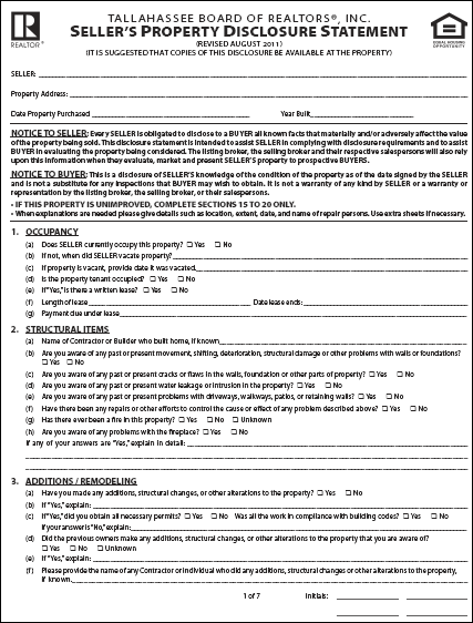 Sellers Property Disclosure Statement