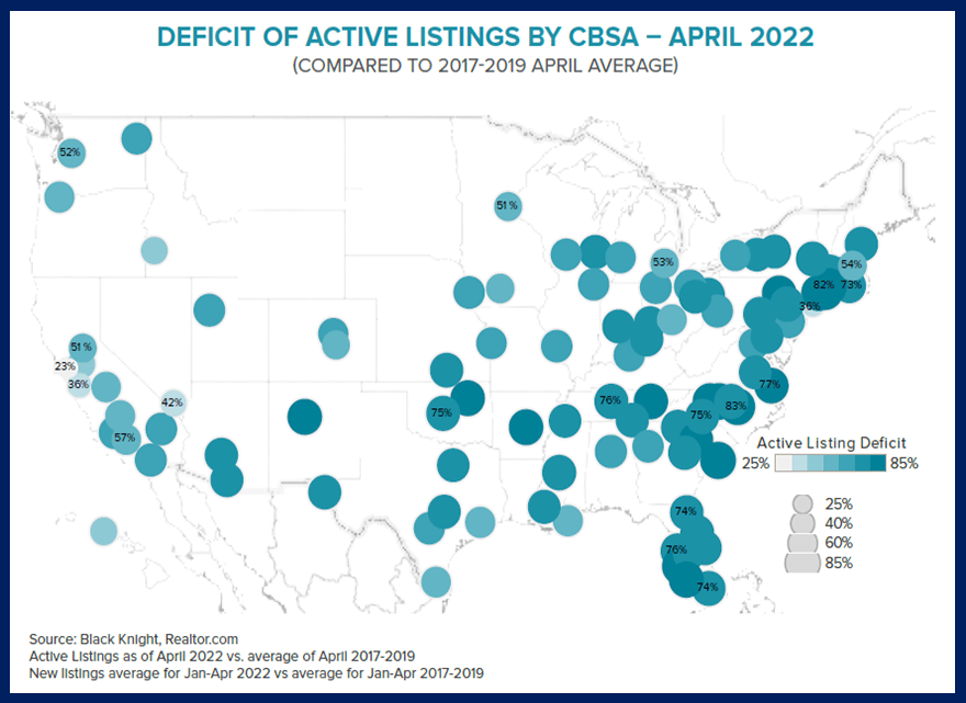 US Map Of Deficit Of Active Listings May 2022