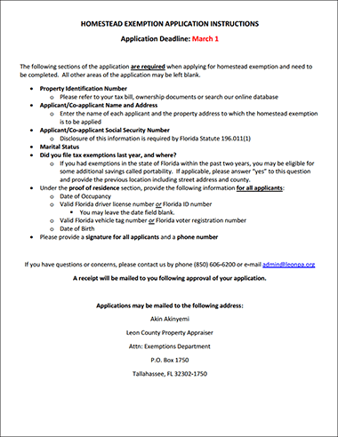 Florida Homestead Tax Exemption Application Instructions