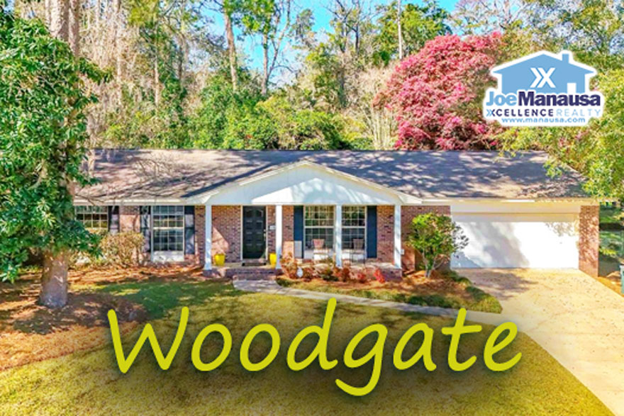 Woodgate neighborhood in northeast Tallahassee featuring tree-lined streets and single-family homes.