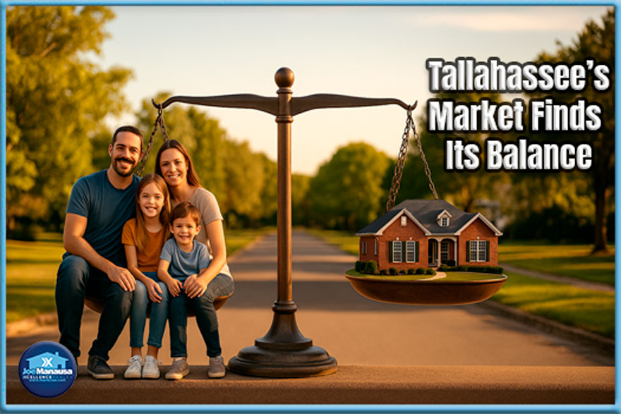 A red-brick Tallahassee-style home and a family of three balanced on opposite sides of a vintage scale, symbolizing stability in the 2025 housing market.
