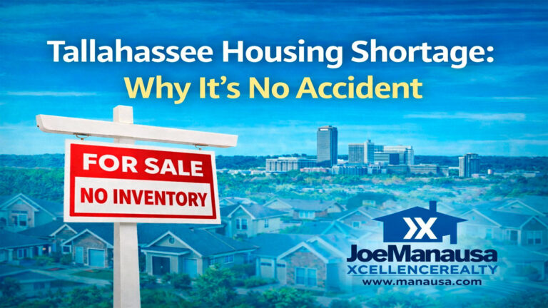 Tallahassee skyline and suburban homes with a “For Sale – No Inventory” sign representing the Tallahassee housing shortage.