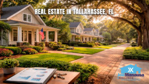 Tallahassee real estate featured image showing an upscale neighborhood scene with a polished local market-report style