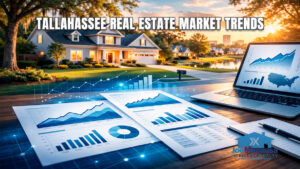 Feature image for the Tallahassee Metro housing market update showing a local neighborhood scene with housing market charts and report visuals