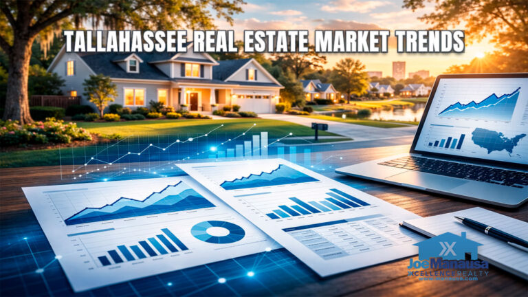 Feature image for the Tallahassee Metro housing market update showing a local neighborhood scene with housing market charts and report visuals