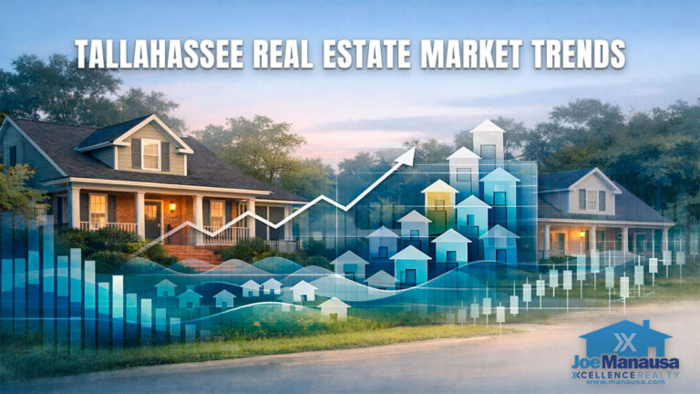 Artistic feature image for a Tallahassee real estate market report with a neighborhood background and integrated housing market graph visuals