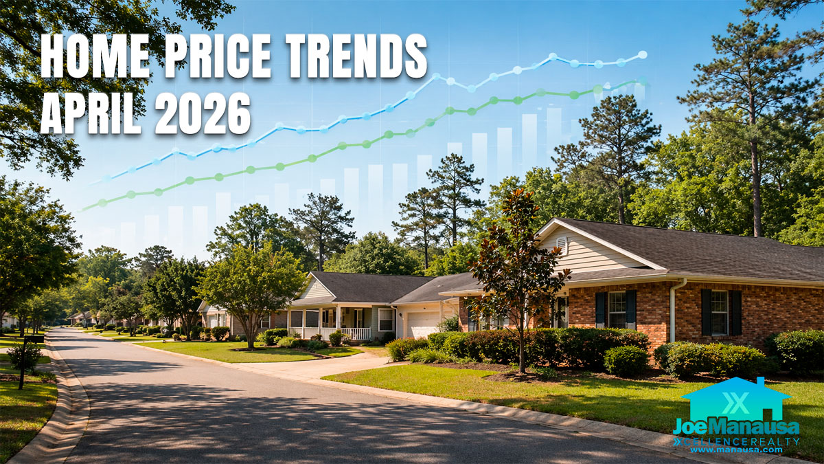 Tallahassee home price trends feature image showing a quiet residential neighborhood with upward market trend graphics for April 2026
