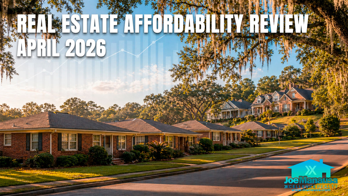 Tallahassee real estate affordability review April 2026 featuring a neighborhood street with homes and market trend graphics