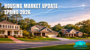 Tallahassee real estate market feature image showing an upscale neighborhood with homes, mature trees, and a subtle housing market graph overlay representing a balanced 2026 market.