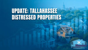 Distressed properties in Tallahassee shown with homes and market trend graphics