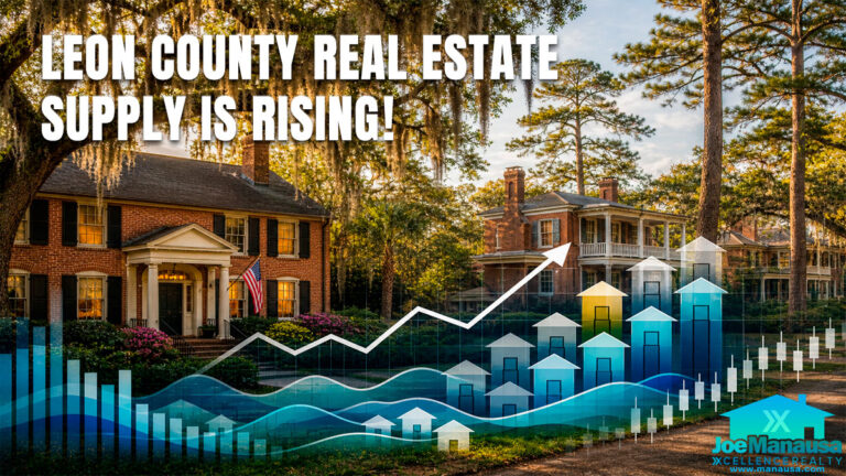 Leon County real estate market feature image showing Tallahassee brick homes, oak trees with Spanish moss, longleaf pines, and rising market graphics