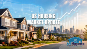 US Housing Market image showing suburban homes, a national map, and rising housing market data trends