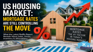 US Housing Market image showing mortgage rates, rising costs, and affordability pressure affecting homebuyers and sellers.