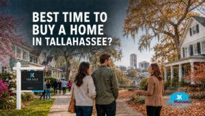 Prospective homebuyers touring a Tallahassee neighborhood with a Joe Manausa Team for-sale sign