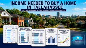 Tallahassee neighborhood and skyline with housing market charts comparing income needed to buy a home, monthly payments, home prices, sales, and county price trends.