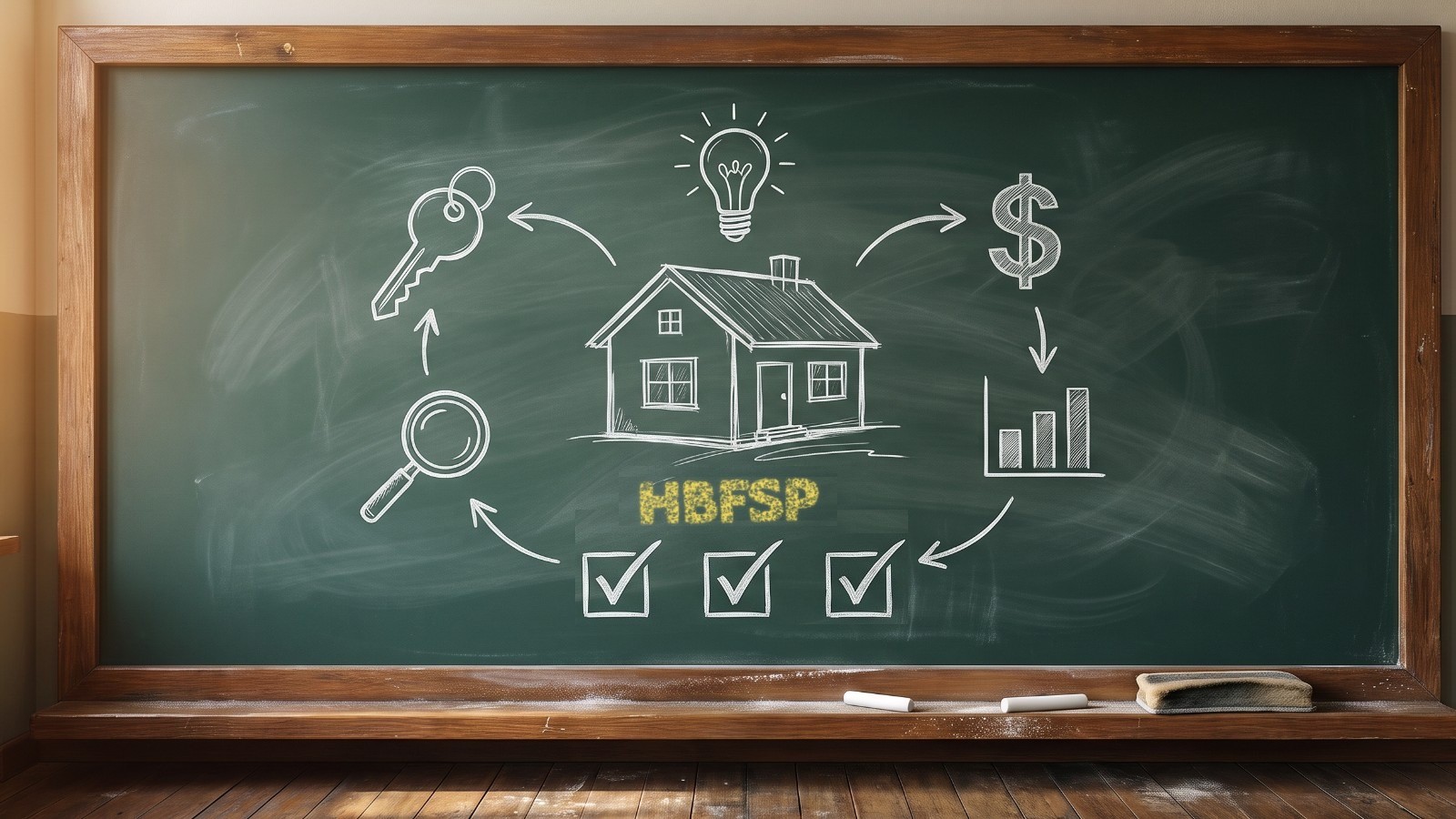 Chalkboard drawing of a house circled by a key, a magnifying glass, a light bulb, a dollar sign and a bar chart, with HBFSP in yellow chalk and three check marks