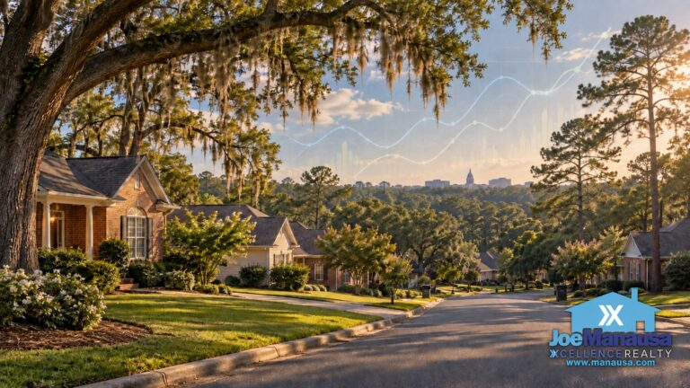 Illustration of a Tallahassee neighborhood beneath live oaks, with faint housing graph lines in the sky and the Joe Manausa Team logo at bottom right.