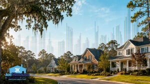 Tallahassee-area homes with a faded ZIP-code housing supply graph and the Joe Manausa Team at Xcellence Realty logo.