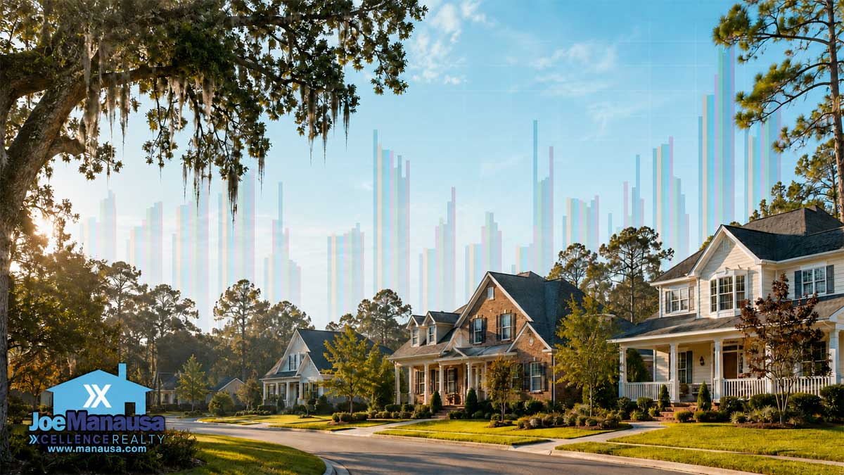 Tallahassee-area homes with a faded ZIP-code housing supply graph and the Joe Manausa Team at Xcellence Realty logo.