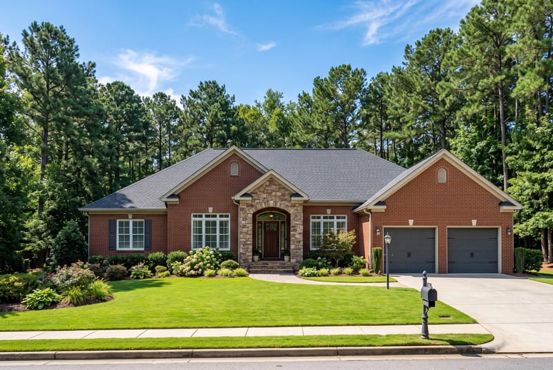 One-story red brick home with a stone arched entry under a clear blue sky in Tallahassee