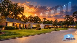 Tallahassee homeowners insurance: brick ranch homes on a Northwest Tallahassee street at sunset as storm clouds clear, Tallahassee FL