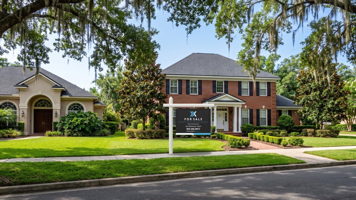 Joe Manausa Team at Xcellence Realty For Sale sign in front of a red brick home on a tree-lined Tallahassee street