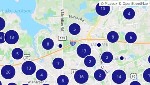 Map of Tallahassee neighborhoods centered on I-10