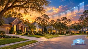 Tallahassee mortgage rates: a Tallahassee street of brick and sided homes at sunset under a glowing, rising market line, Tallahassee FL