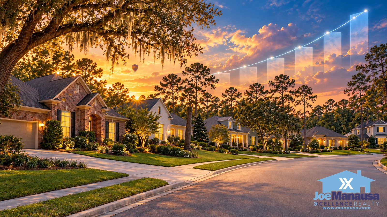 Tallahassee mortgage rates: a Tallahassee street of brick and sided homes at sunset under a glowing, rising market line, Tallahassee FL
